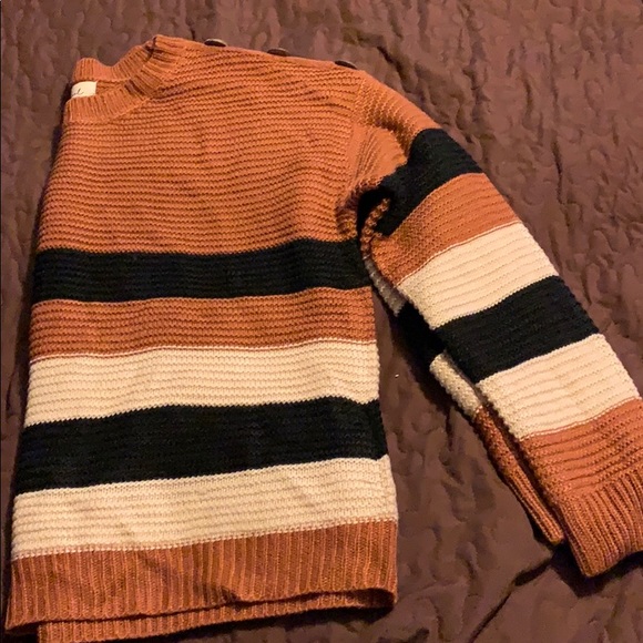 Carmel, black, and ivory striped sweater. - Picture 2 of 4